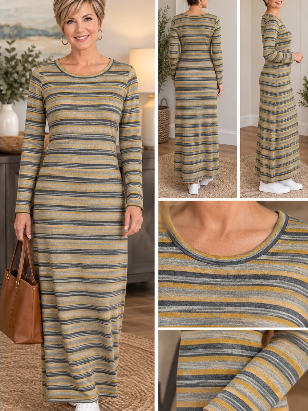 Striped Long Sleeve Maxi Dress in Mustard Gray - Women Lularoe